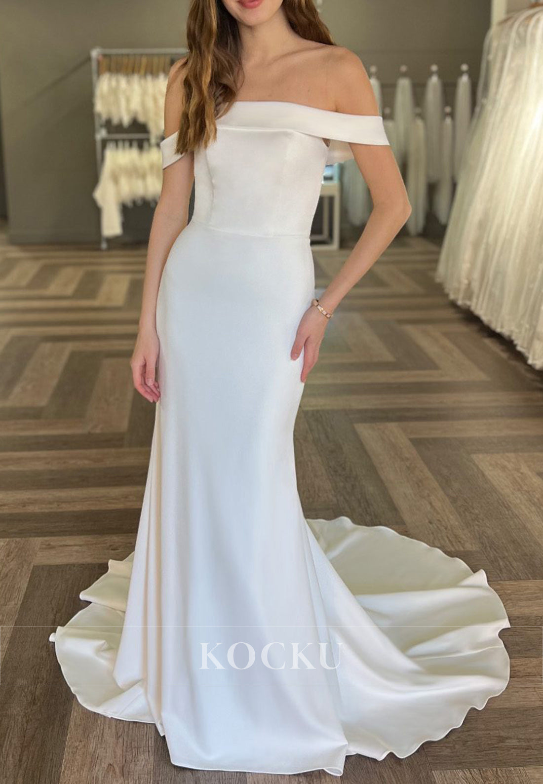 White Off-the-Shoulder Buttons Up Back Mermaid Long Wedding Dress