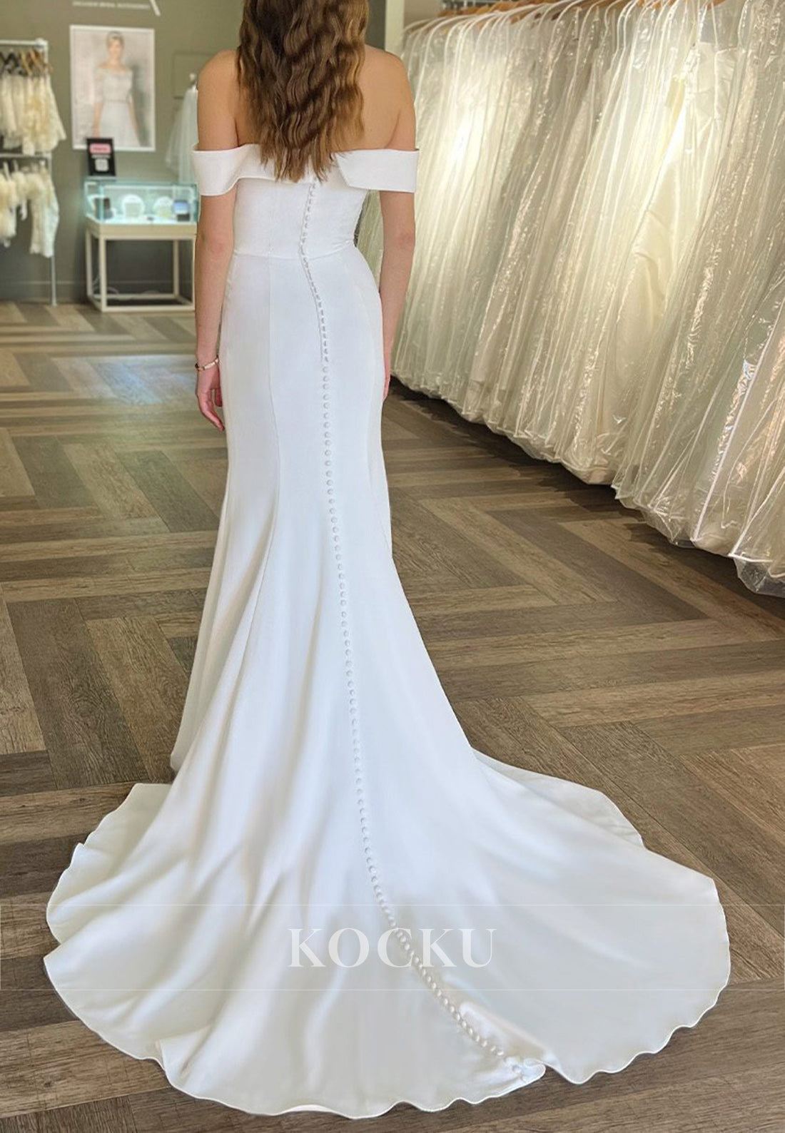 White Off-the-Shoulder Buttons Up Back Mermaid Long Wedding Dress