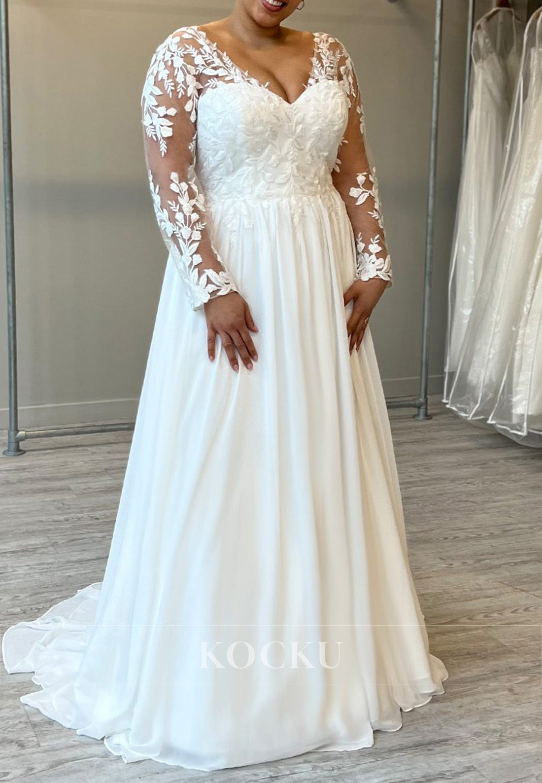 White Sweetheart Appliques A-Line Chiffon Wedding Dress with Sheer Long Sleeves