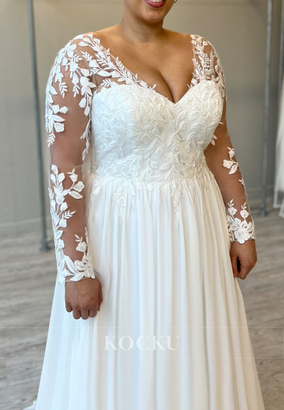 White Sweetheart Appliques A-Line Chiffon Wedding Dress with Sheer Long Sleeves
