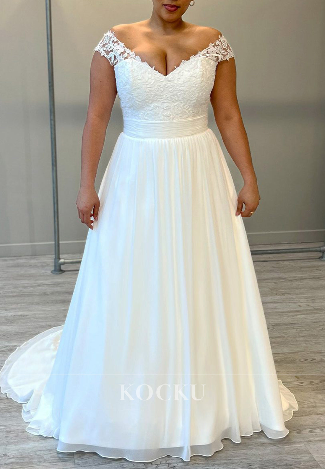 White Off-Shoulder Sheer Strap Lace-Up A-Line Long Wedding Dress with Appliques