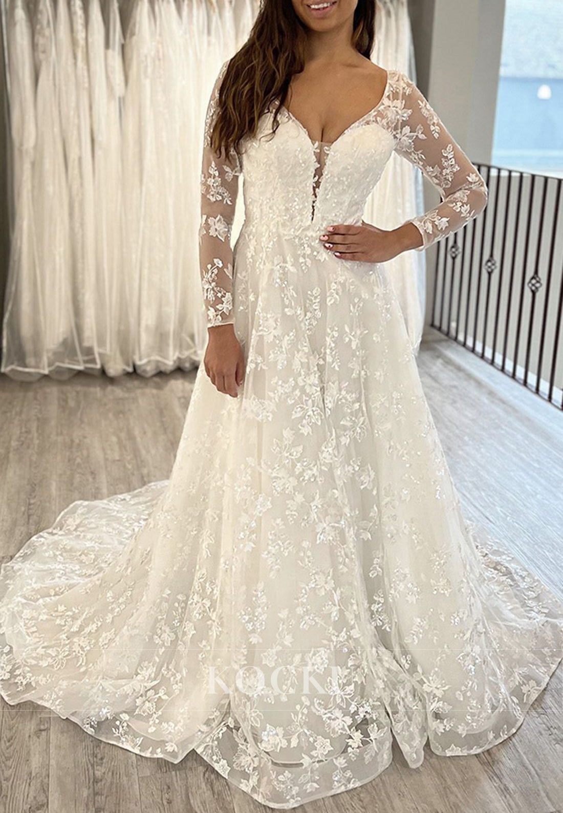 White Applique Deep Neck Backless A-Line Long Wedding Dress with Sheer Long Sleeves