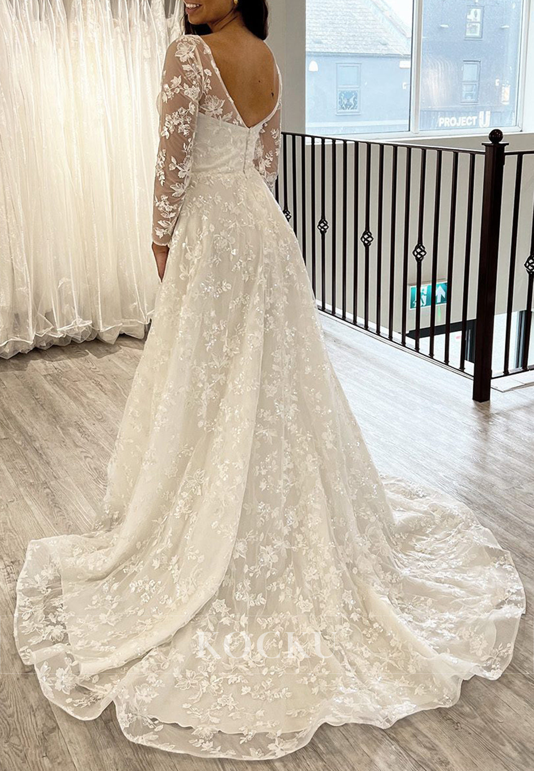 White Applique Deep Neck Backless A-Line Long Wedding Dress with Sheer Long Sleeves