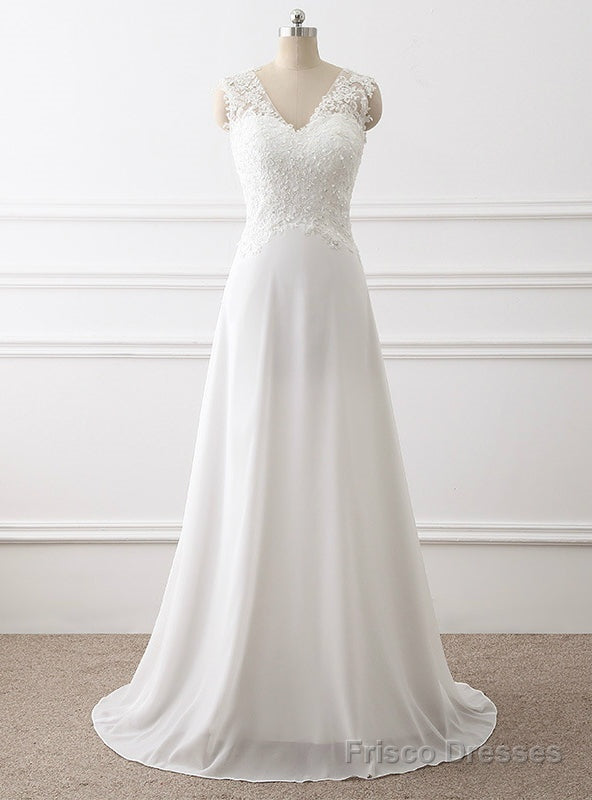 White V-neck Chiffon Lace Beading Wedding Dress