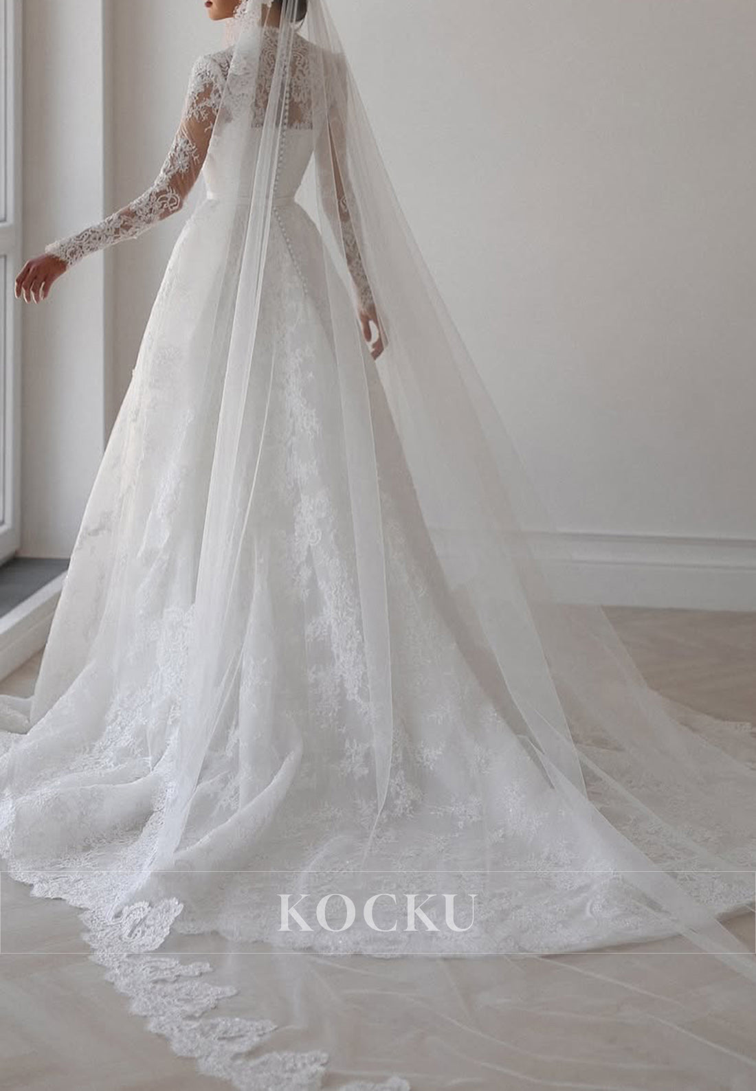 Romantic Lace Ball Gown Wedding Dress with Sheer Long Sleeves and Sweetheart Neckline