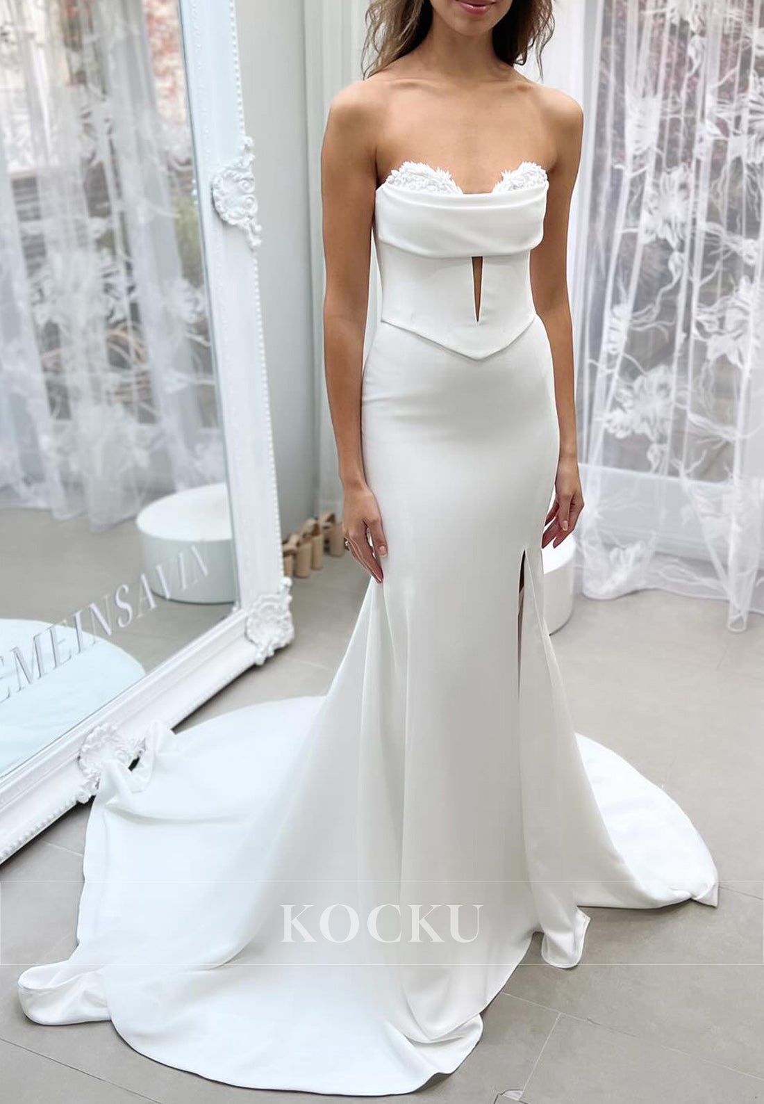 Floral Appliqués Strapless Keyhole Front Mermaid Wedding Dress with Side Slit