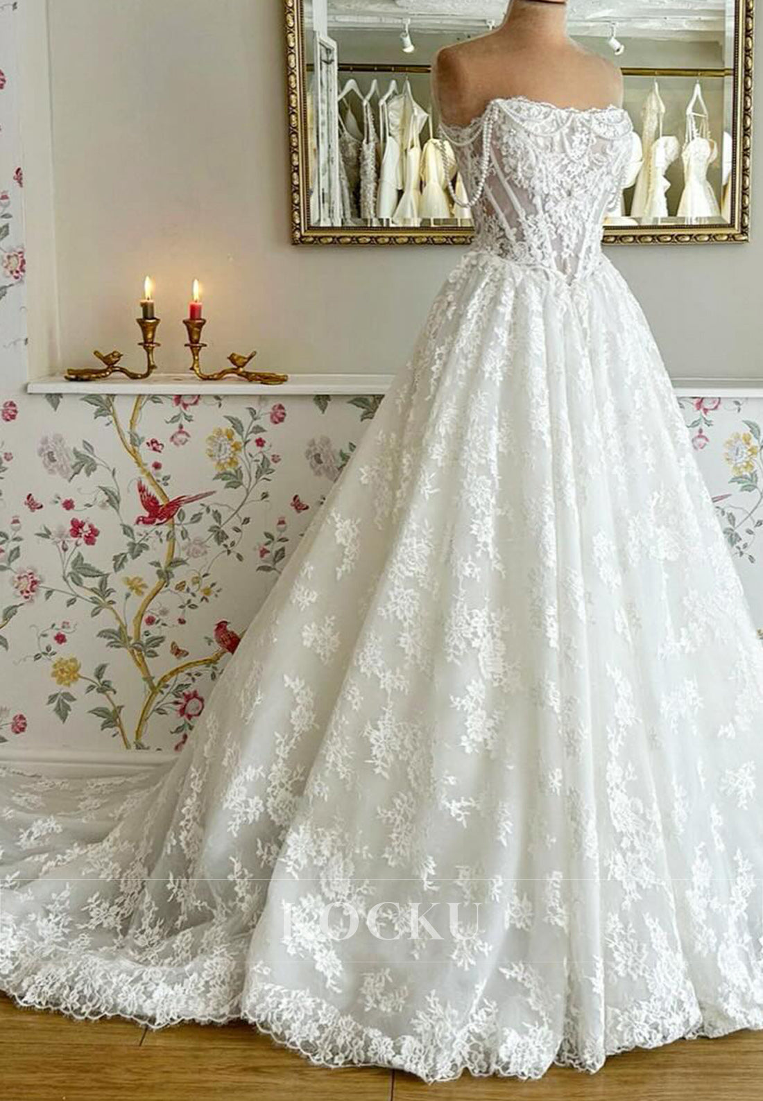 Timeless Strapless Lace Wedding Dress with Pearl Accents and Train