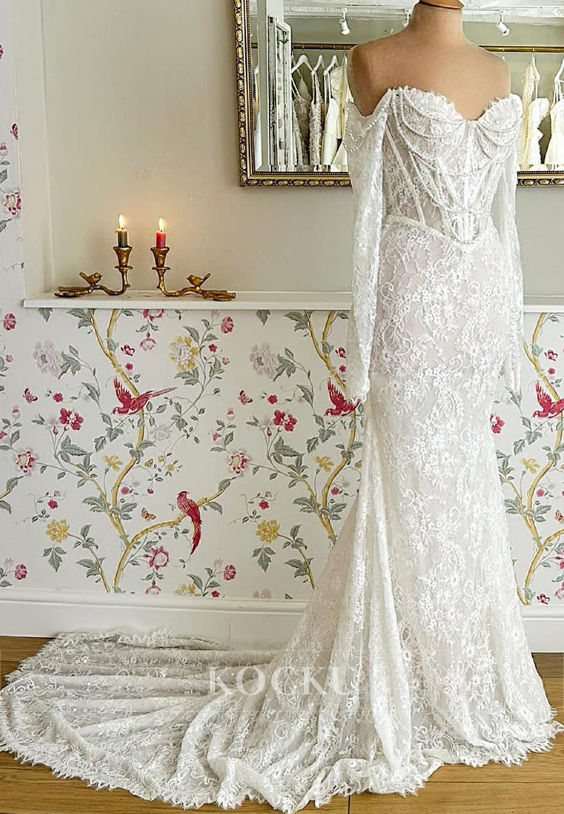 Off - Shoulder Lace Mermaid Wedding Dress with Pearl Chain Embellishments