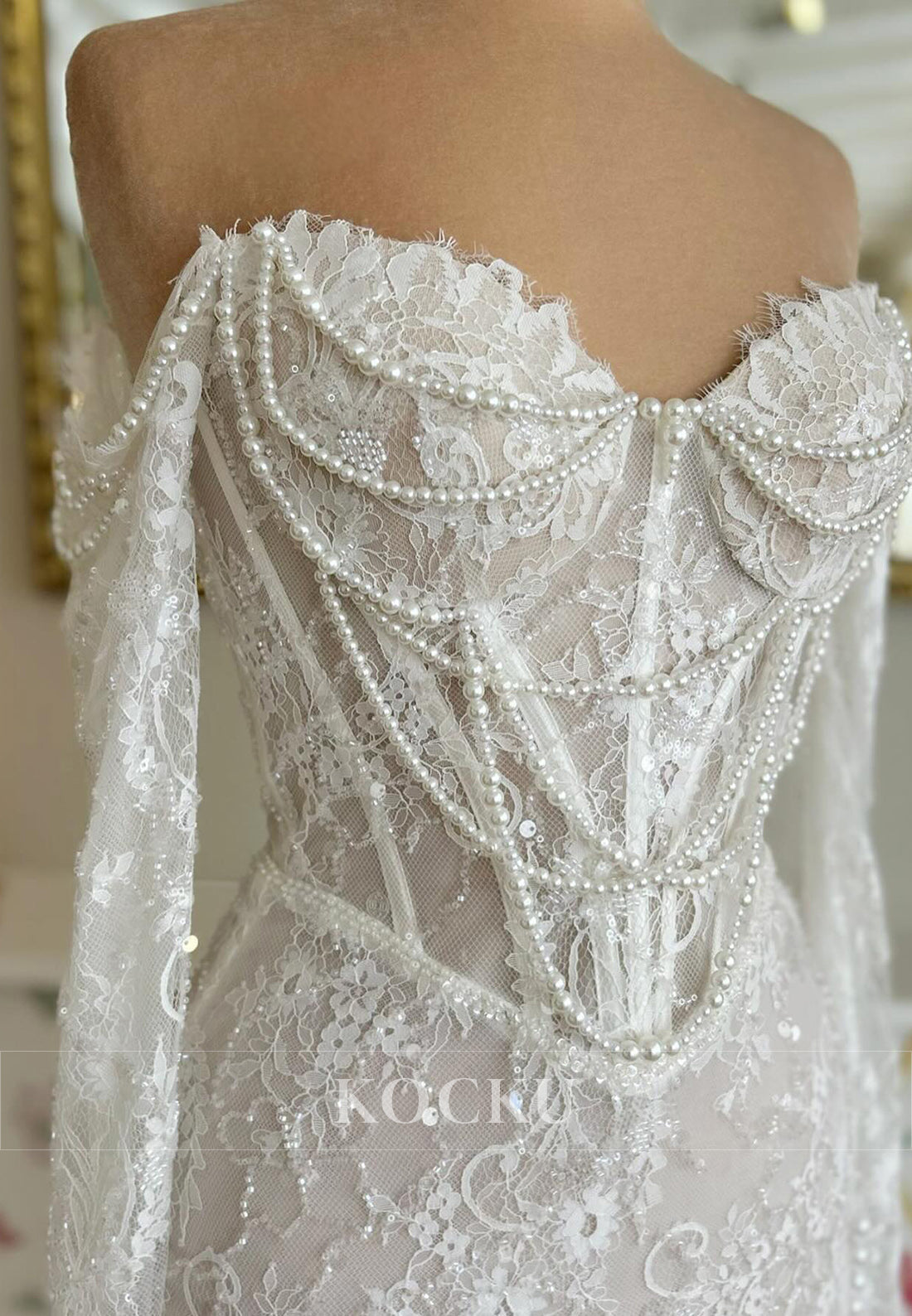 Off - Shoulder Lace Mermaid Wedding Dress with Pearl Chain Embellishments