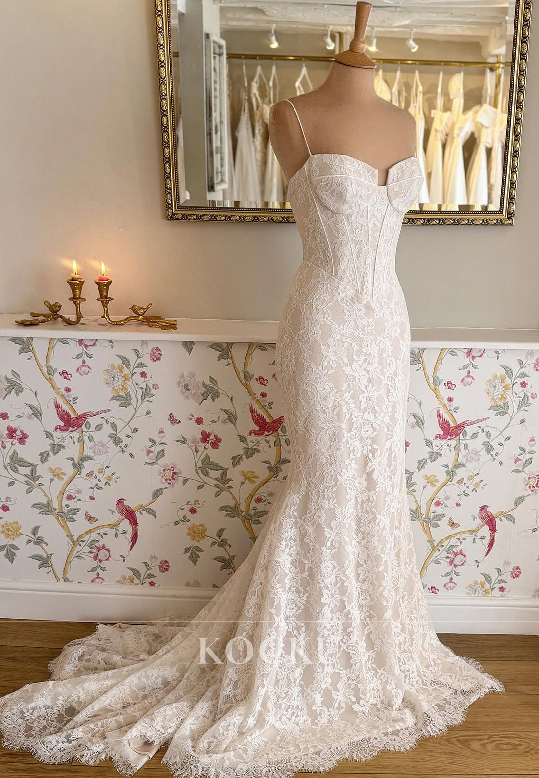 Lace Mermaid Wedding Dress with Spaghetti Straps and Corset Bodice