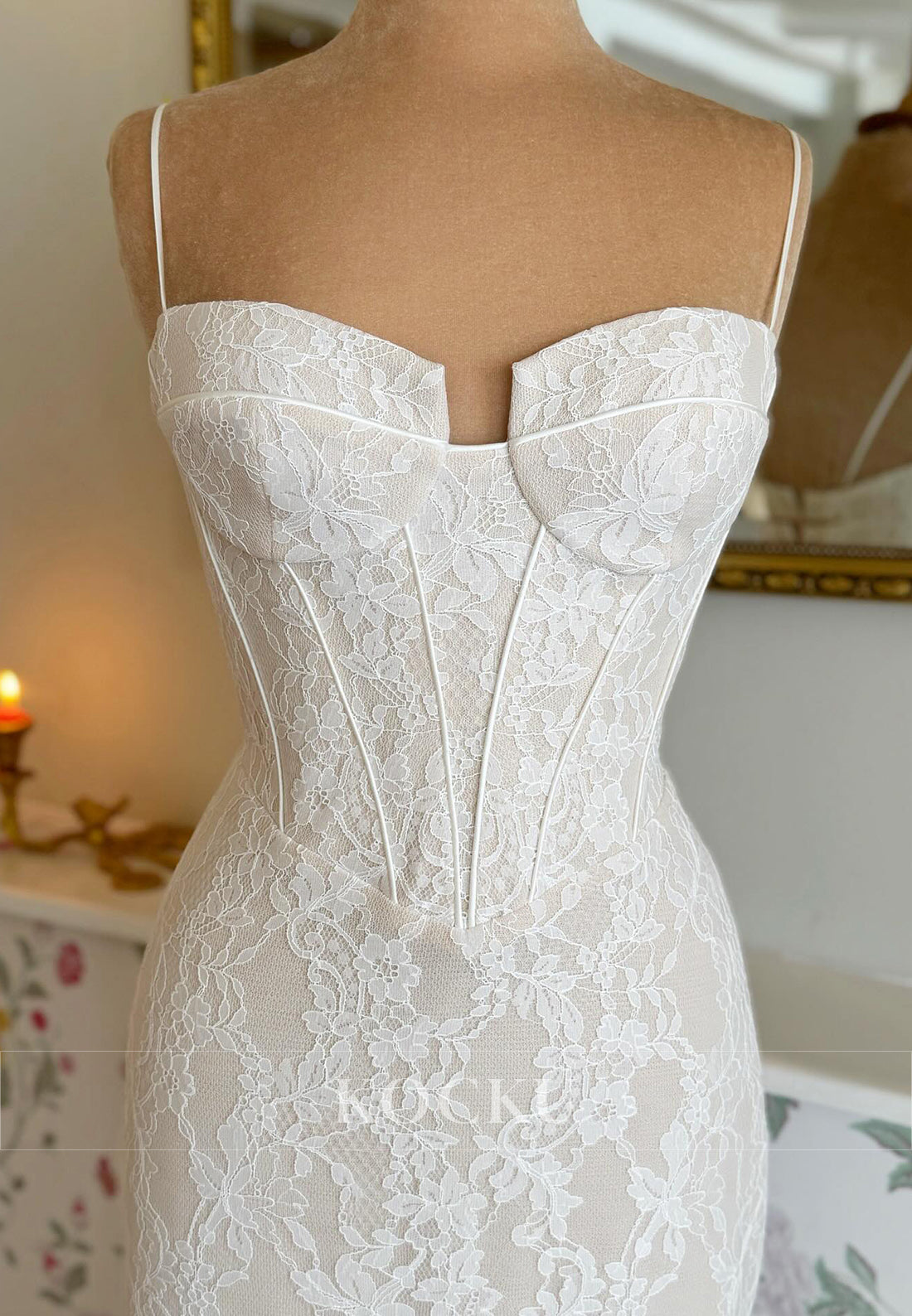 Lace Mermaid Wedding Dress with Spaghetti Straps and Corset Bodice