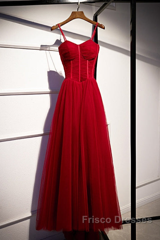 Wine Red Tulle Straps Long Sweetheart Party Dress Formal Dress, A-Line Dark Red Evening Dress