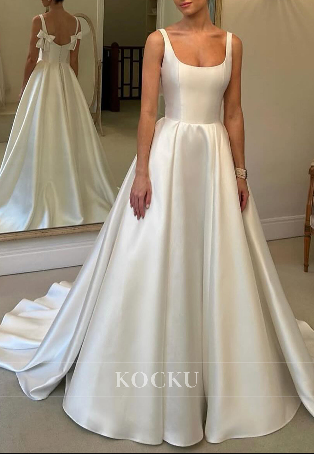 Square Neck Satin Ball Gown Wedding Dress with Bow - Detailed Straps & Train
