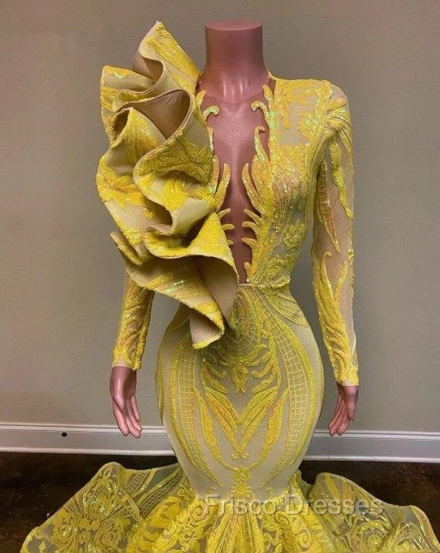 Yellow Robe De Soiree Mermaid Long Sleeves Appliques Sequins Long Formal Prom Dress Formal Prom Gown Evening Dress