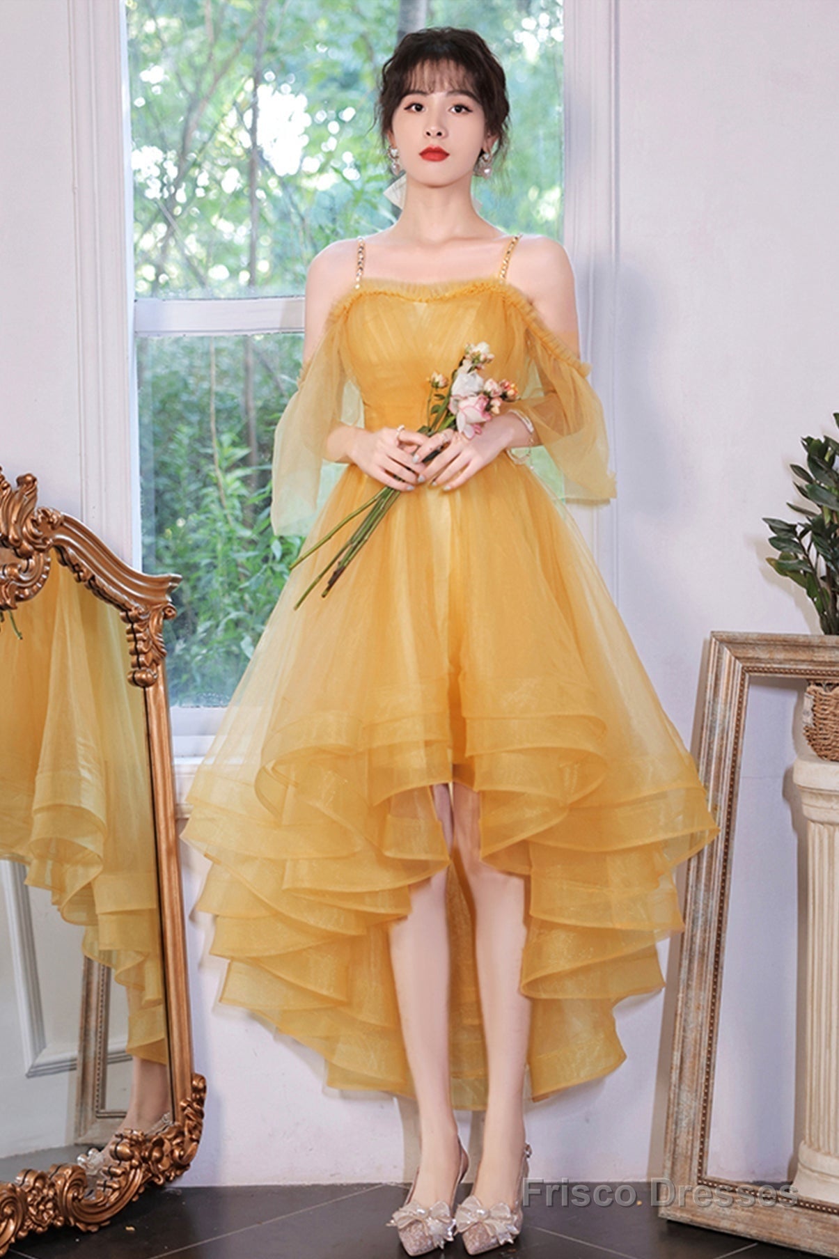 Yellow Tulle High Low Prom Dresses, A-Line Evening Dresses