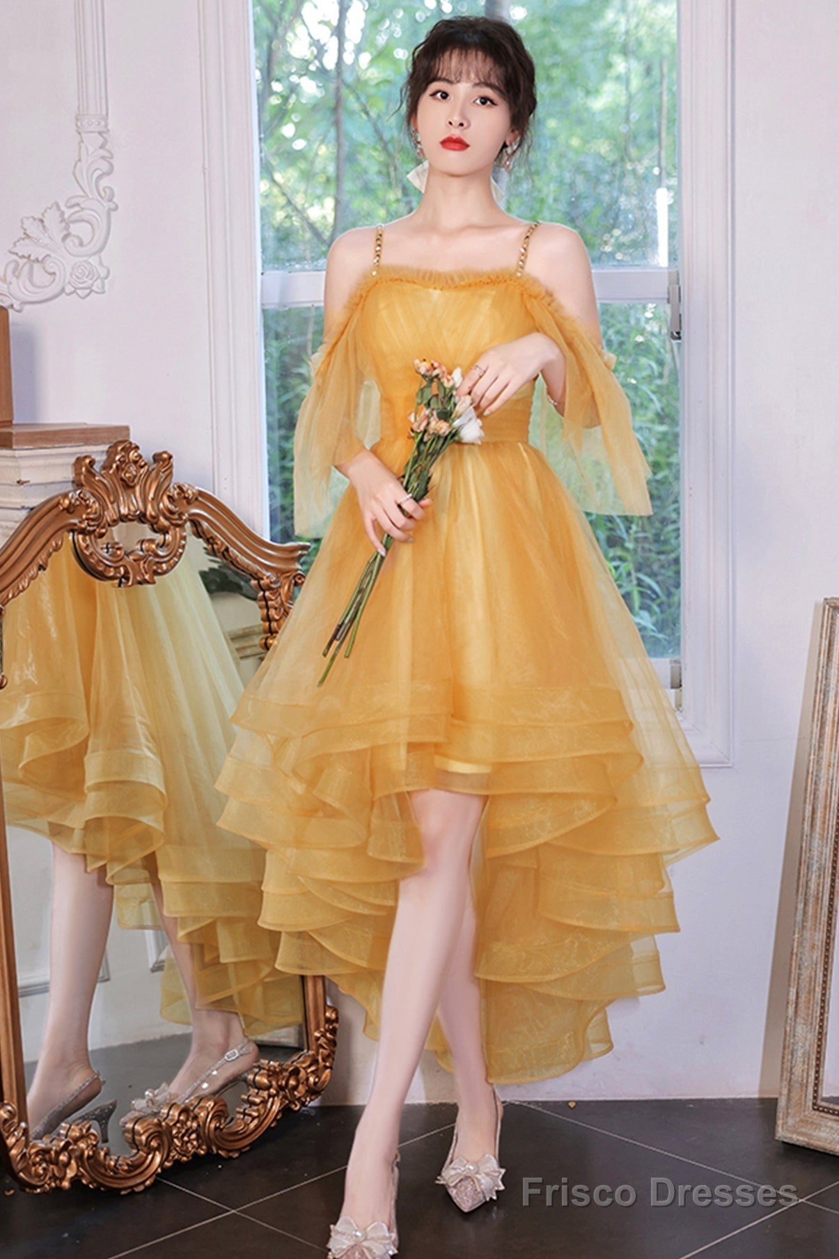 Yellow Tulle High Low Prom Dresses, A-Line Evening Dresses