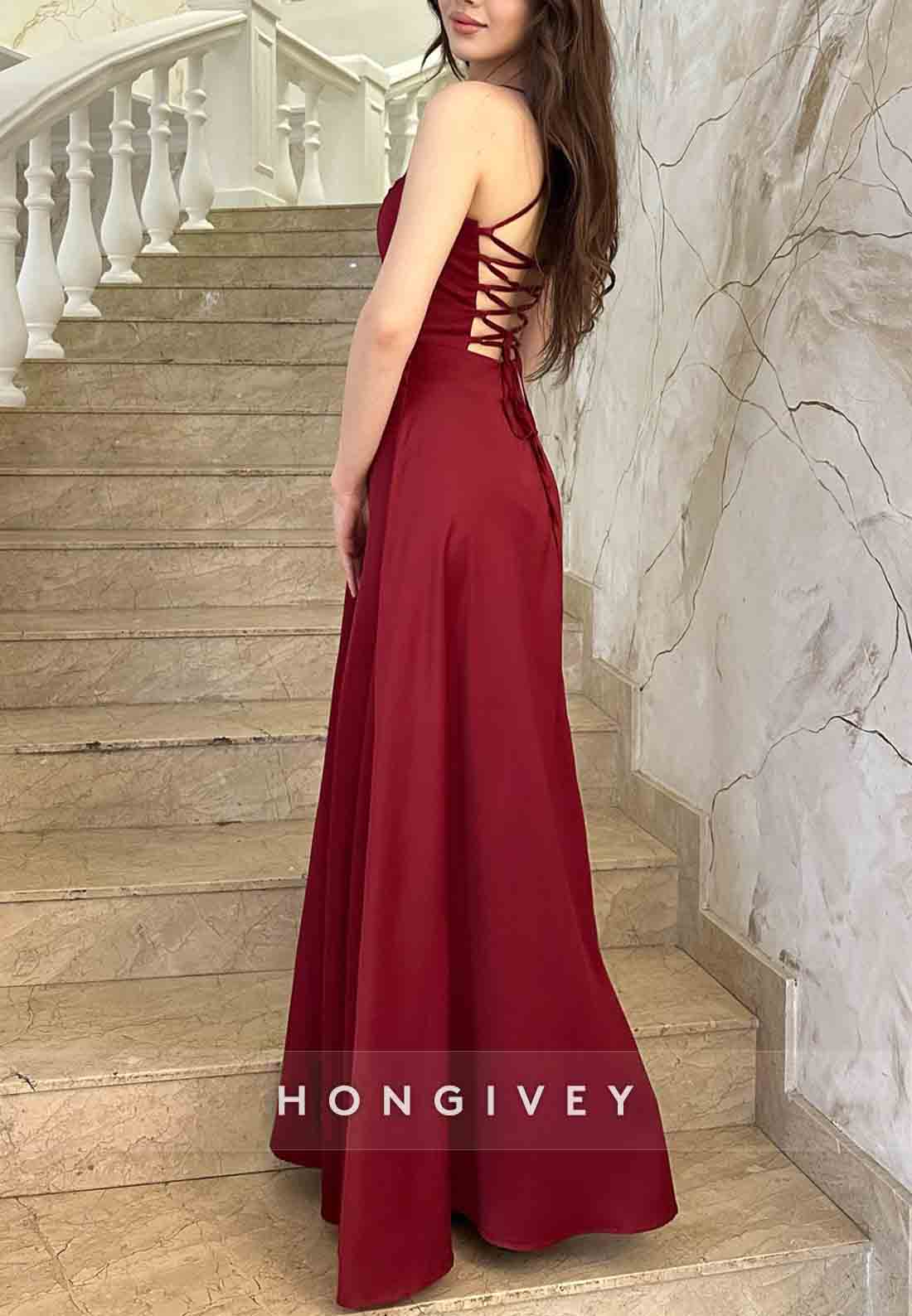 Simple Halter Tie Back A-Line High Slit Guest of Wedding Evening Gowns