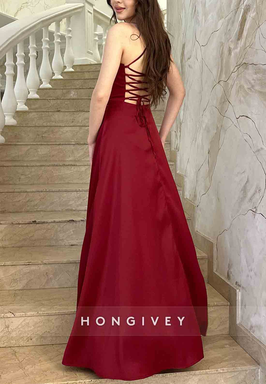 Simple Halter Tie Back A-Line High Slit Guest of Wedding Evening Gowns