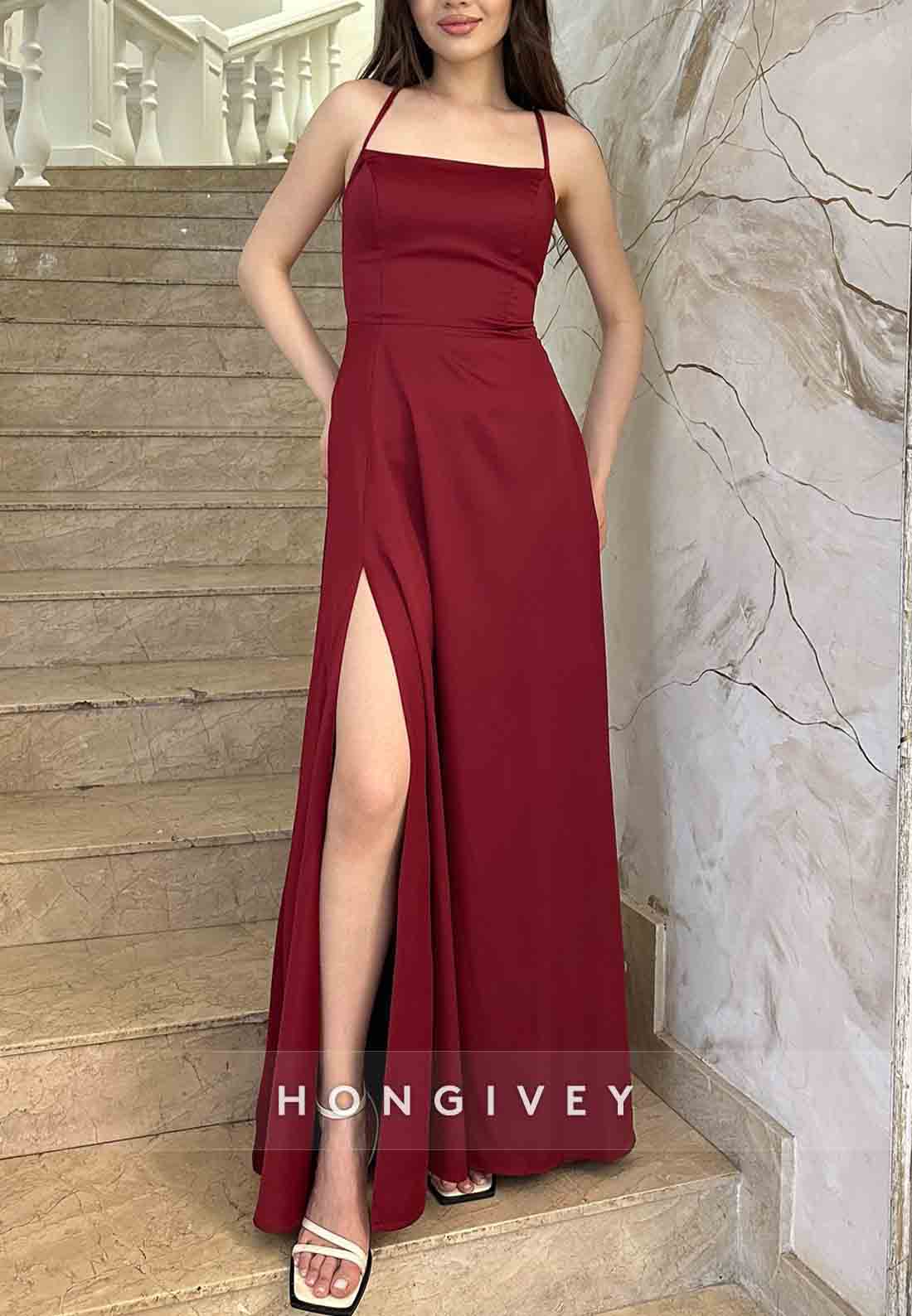 Simple Halter Tie Back A-Line High Slit Guest of Wedding Evening Gowns