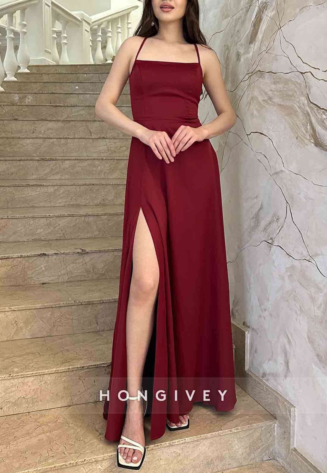 Simple Halter Tie Back A-Line High Slit Guest of Wedding Evening Gowns